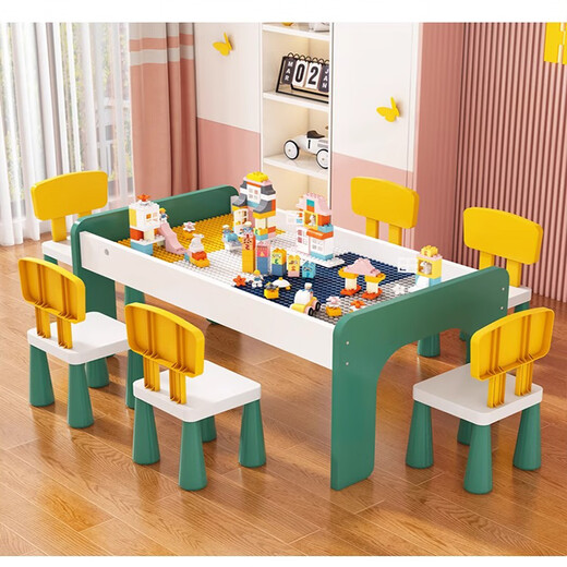 PAI Lehu Tabla de componentes de construcción infantiles, partícula grande, niño, niña, conjunto de rompecabezas de bebé, mesa de juguete de madera de gran tamaño multifuncional, 106 mesa + 2 sillas + aparcamiento deslizante + 700 tamaño