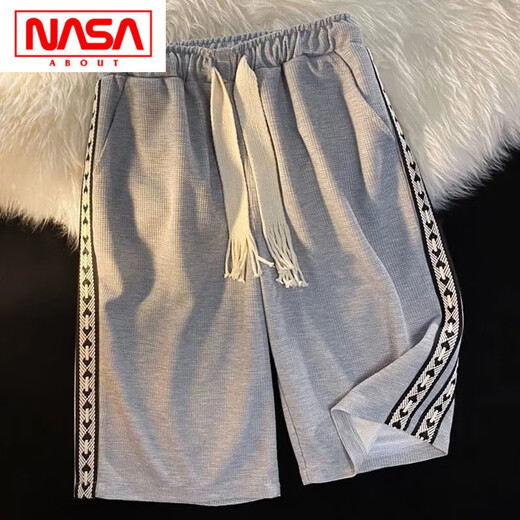 NASA ABOUT webbing drawstring shorts for men and women for summer thin loose sports five-point pants Hong Kong style casual mid-sized pants off-white double webbing shorts K1048 S (70-90Jin [Jin equals 0.5 kg])