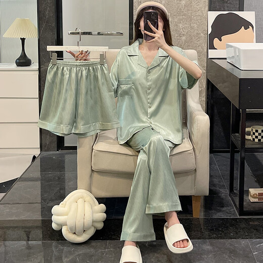 猫人睡衣女夏季三件冰丝短袖薄款大码风春秋绸米色家居服 LT-3881-3-杏 M