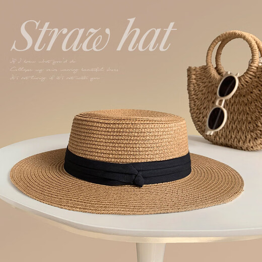 Olevo Paille Chatte de plage féminin Hat de plage Plat Hat de paille 2025 Nouveau chapeau de plage en mer française tricoté Summer Sun Protection Français CHAPEUR CHAPLE [KHAKI-BLACK]