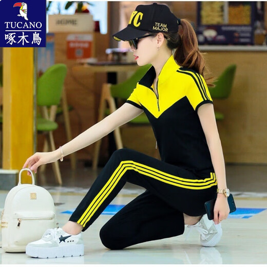 啄木鸟运动服套装男女2025春秋冬新款韩版大码学生班服棉休闲跑步两件套 红色9928两件套短袖女 3XL