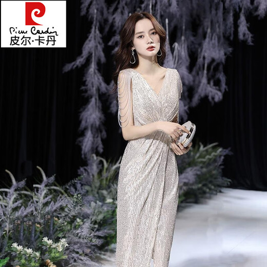 
Pierre cardin 2025 spring new champagne color small evening dress celebrity temperament banquet host dress can usually be worn light champagne color XS