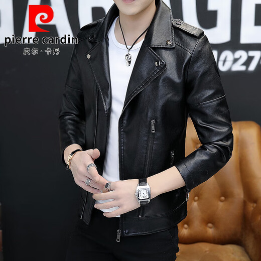 Chaqueta de traje para hombres de Pierre Cardin Leather 2025 Spring and Autumn New Trendy Traje casual Handsome Tending Leather Chaqueta Negra 6625 Plush M