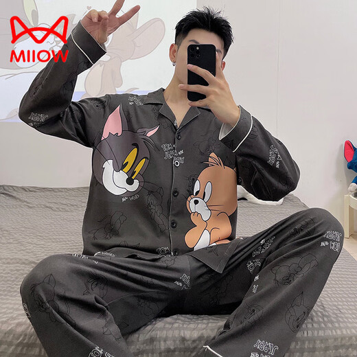 Cat Man (MiiOW) Pure Cotton Men's Pajamas Spring and Autumn Teen Cartoon Student Cardigan Large Size Men's Long Sleeve Trousers Home Clothing 9922 (Cardigan Long Sleeve) M