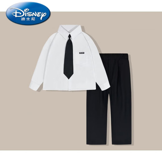 Disney Autumn Fashion New Spring and Autumn Shirt Baby Boys Korean Long Sleeve Shirt Handsome Suit Children's Wear Black Trousers + White Cotton Long Sleeve Shirt + Black 90 cm