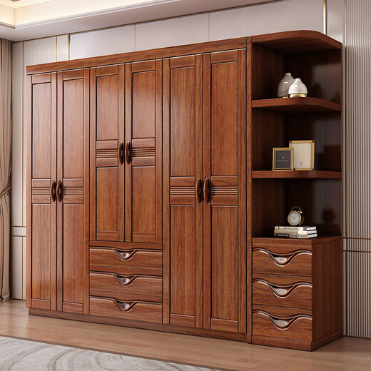 Hexi walnut solid wood wardrobe home bedroom furniture storage modern Chinese large wardrobe combination wardrobe economical walnut six-door wardrobe