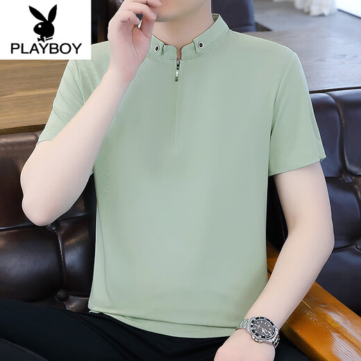 花花公子（PLAYBOY）纯色半拉链Polo保罗衫男士短袖夏季冰丝薄款立领T恤2025新款半袖 9921黑色 XL (约115~135斤可穿)