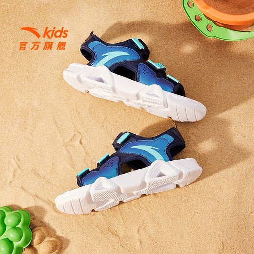 ANTA children's sandals, men's and women's shoes, 2025 summer new summer Velcro Lingbo open toe arch beach shoes for boys, new ink blue/fluorescent aqua-9 35, shoe inner length 22cm