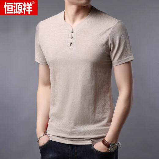 恒源祥夏季冰丝t恤男短袖中年半袖薄款V领真 丝体恤男中国风男装 浅灰色9193/N L 175/92A