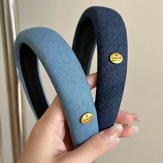 Korean style denim blue metal label headband for women 2025 new style high skull temperament headband simple and versatile wide-brimmed headwear denim dark color