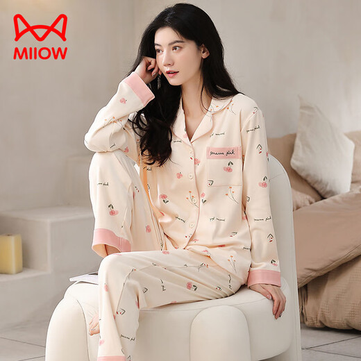 Catman (Miiow) Pajamas de algodón puro para el nuevo traje de solapa de manga larga de mujeres, otoño e invierno, se puede usar cárdigan de algodón fuera del hogar 6624A 2XL recomendado 141-155Jin [Jin equivale a 0.5 kg]]