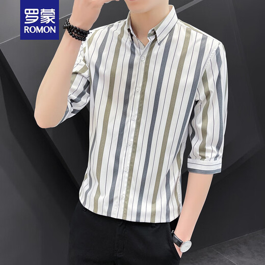 ROMON (ROMON) 7-quarter sleeve shirt men's short-sleeved casual slim summer thin half-sleeved striped shirt trendy handsome mid-sleeved formal wear 679 coffee XL