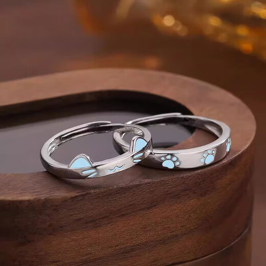 Core luxury cute cat and dog paw luminous couple ring niche design gift plain ring silver open bestie engraving ring couple pair