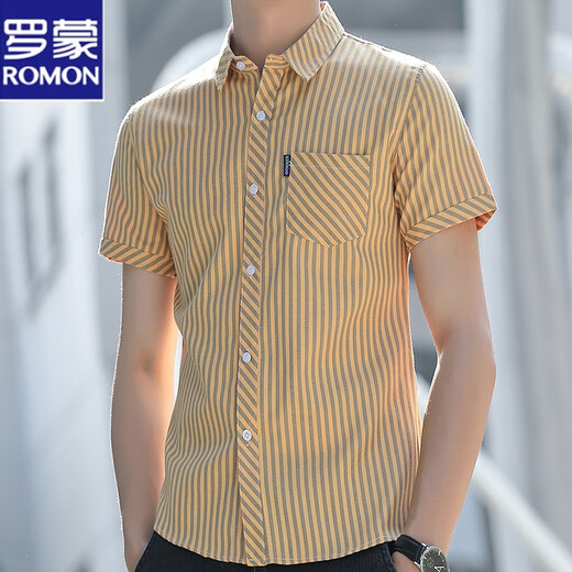 Romon striped shirt men's short-sleeved trendy casual shirt summer men's half-sleeved slim pocket breathable inch shirt 838 yellow XL weight 135 Jin [Jin equals 0.5 kg]