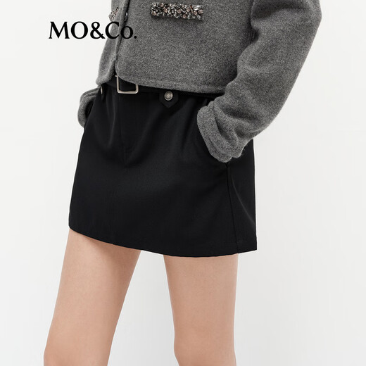 MO&Co.Short spring skirt with merino sheep wool low waistband lining with belt MBE1SKTT11 black S