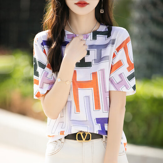 HMRSV桑蚕丝短袖T恤女2025夏季新款休闲时尚设计感凉感马家印花上衣潮 H字母印花854 XL