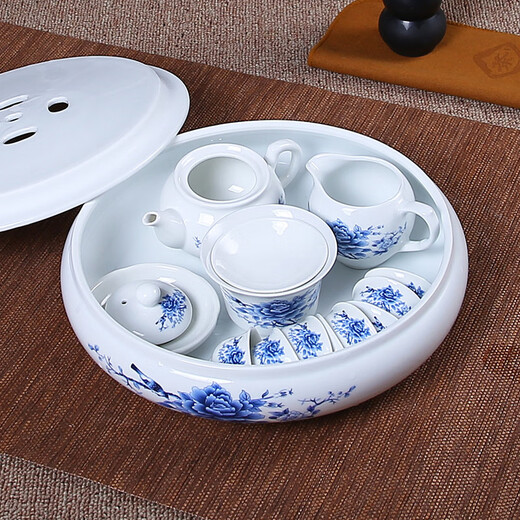 Tea Set Complete Chaoshan Kung Fu Tea Set White Porcelain Teapot Tea Cup Cover Bowl Yixing Ceramic Tea Tray 10 Inch Flower Blossom Wealth Set Free for Six Gentlemen