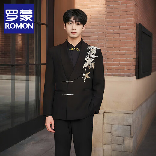 ROMON New Chinese style Chinese tunic suit with golden bamboo embroidery suit for men, green fruit collar, high-end, loose, small suit jacket, black suit + pants + gold embroidered black shirt XL