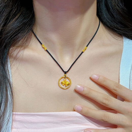 GRAYCEWODY Old Phoenix 999 gold lily of the valley flower pendant for women new simple plain circle peace buckle woven black rope clavicle necklace gold lily of the valley flower pendant for women new simple plain circle