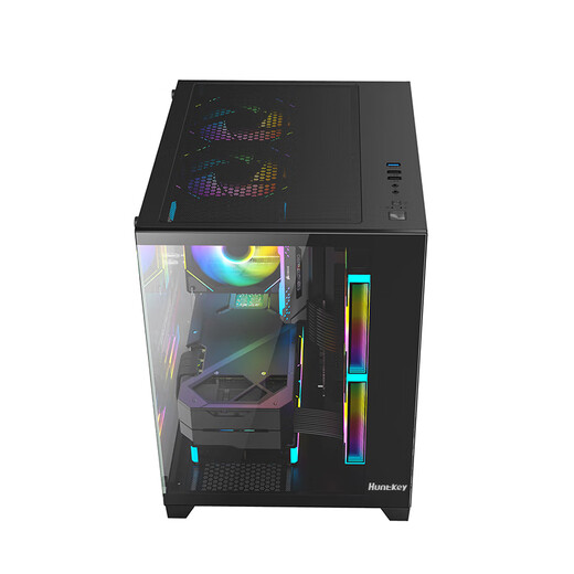 Huntkey S900 Sandstorm Panoramic Edition Sea View Room Chassis Desktop-Computergehäuse (doppelseitiges gehärtetes Glas/linke und rechte Trennwände/240 Wasserkühlung/7 Lüfterpositionen/M-ATX-Motherboard) S900 Sandstorm-Panoramic Edition-Schwarz