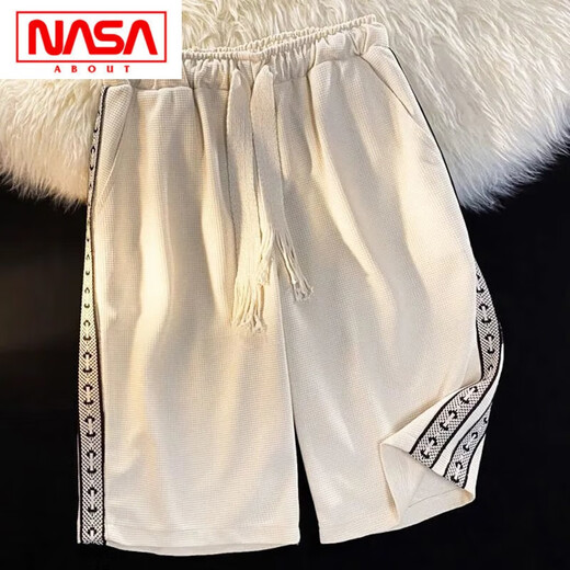 NASA ABOUT webbing drawstring shorts for men and women for summer thin loose sports five-point pants Hong Kong style casual mid-sized pants off-white double webbing shorts K1048 S (70-90Jin [Jin equals 0.5 kg])