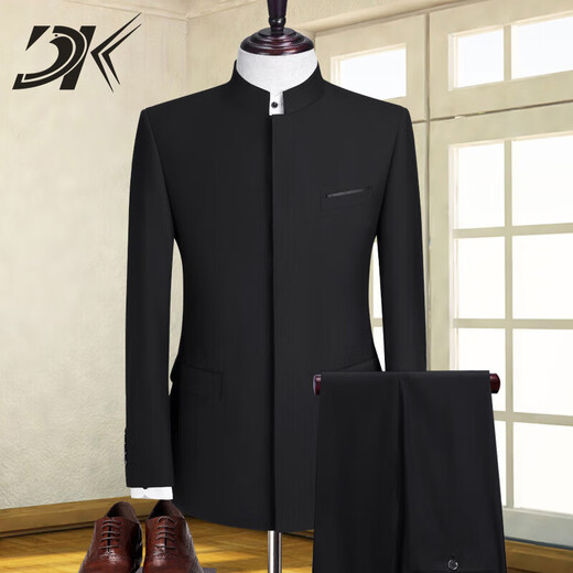 
DK brand men's clothing Zhongshan suit suit men's Chinese stand-up collar suit jacket versatile business casual two-piece set hidden button black 687 165A (165/100)