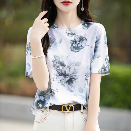 清迎桑蚕丝国风水墨印花短袖T恤女2025夏季新款圆领时尚设计感上衣潮 国风水墨844 XL