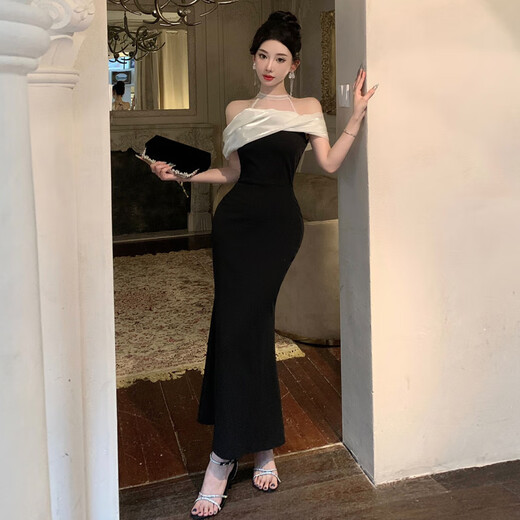 忆静萱（YIJINGXUAN）夜店港味感拼接网纱宴会礼服长裙高腰显身材法式鱼尾包臀连衣裙女 拼色 M 95-105斤