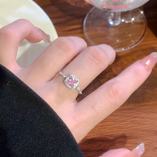 Hua Youxin Persimmon s925 silver ring female pink diamond small sugar cube ring female niche design high-end plain ring ring open index finger ring pink diamond small sugar cube ring