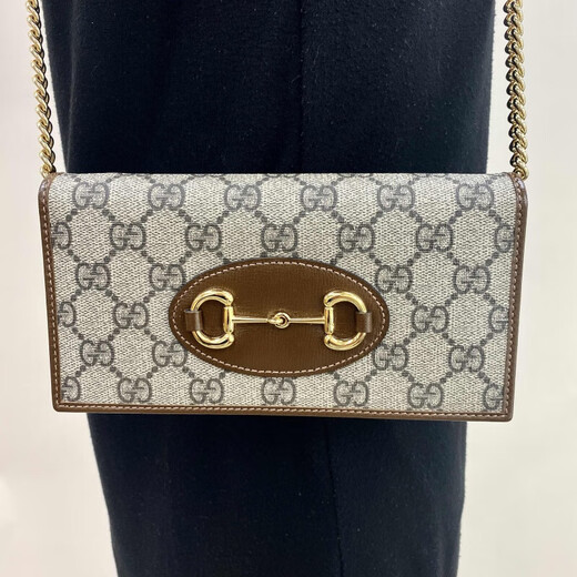 Gucci (GUCCI) women's bag 1955 series white leather spliced presbyopia canvas classic horseshoe buckle flip chain wallet 621892 92TCG 8563 ebony color