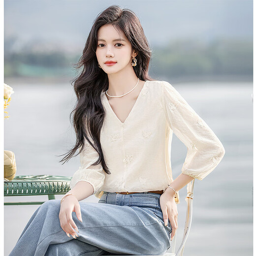 Silk Cypress V-Neck Shirt 2025 Spring French French's French Cropped Slim Pullover Broidered Shirt