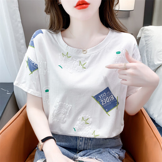 ZHIDOUDOU女士短袖女时尚一点夏装新款百搭宽松印花设计体恤时尚洋气上 5012#粉色字母 S  适合80-99斤
