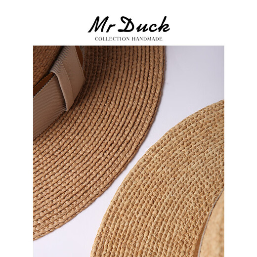 Mr Duck rétro français romance importée Raffia Chapeau plate plat pour les femmes Protection solaire élégante top chapeau femmes Big Head MS46393-Light Brown / Michi Double-Piece Webbing L (57-58cm)