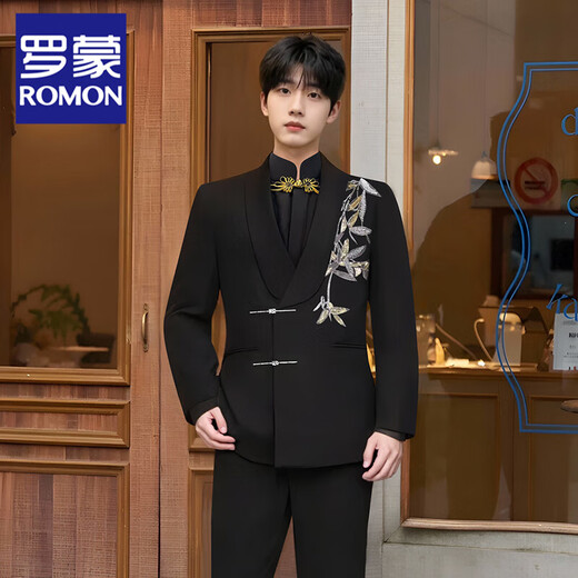 ROMON New Chinese style Chinese tunic suit with golden bamboo embroidery suit for men, green fruit collar, high-end, loose, small suit jacket, black suit + pants + gold embroidered black shirt XL