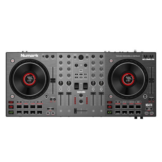Numark/Luma NS4FX four-channel DJ controller box commercial performance DJ player Serato Lite dark gray