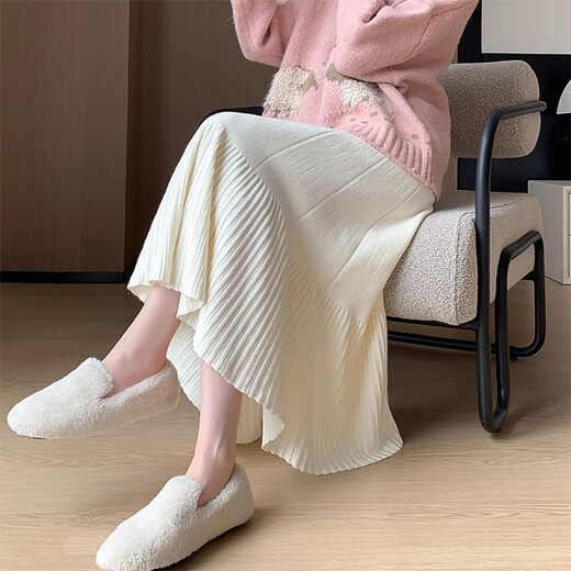 Little Elephant White Knitted Skirt Autumn and Winter 2025 New Pleated Skirt Skirt Winter Skirt A-Line Skirt Long Skirt for Short People Soft and Glutinous Pleated Knitted A-Line Skirt One Size