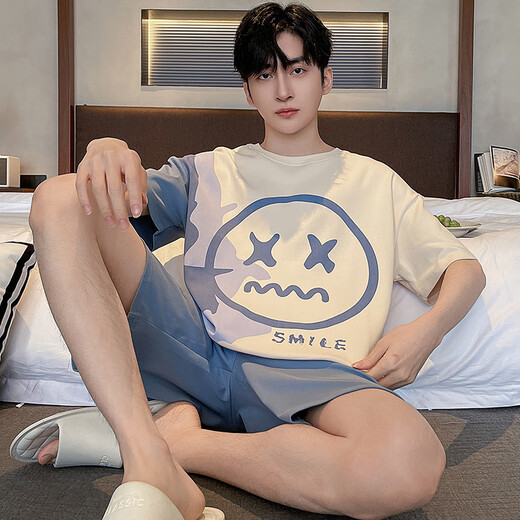 诗花巷美睡衣男夏季短袖卡通青少年男士夏天薄款加肥加大码家居服套装 短袖-xy1098 M  小码(高150-160 70-90斤)