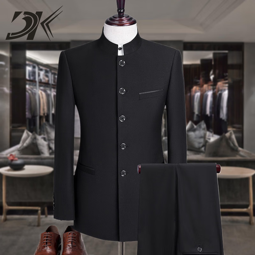 
DK brand men's clothing Zhongshan suit suit men's Chinese stand-up collar suit jacket versatile business casual two-piece set hidden button black 687 165A (165/100)