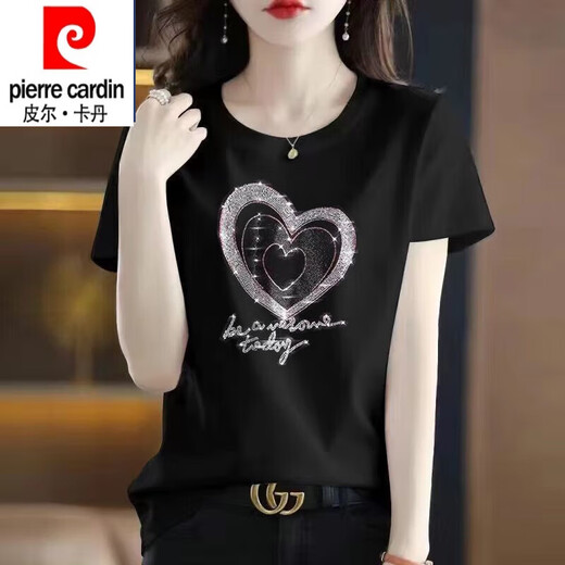 皮尔卡丹（pierre cardin）纯棉短袖t恤女大1码夏装新款时尚烫钻圆领半袖上衣黑色镶钻打底衫 圆领-三色枫叶钻-黑色短袖 3523 L 适合90-105斤