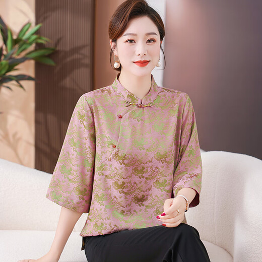 ROAR UTHAUG新中式妈妈上衣洋气小衫2025夏季新款中老年国风气质宽松T恤女 9902绿色 XL 建议90-110斤
