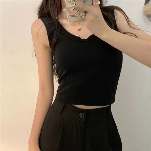 Modal solid color I-shaped back suspender vest for women with breast pads and bottom shirts can be put together to wear sports vests for women. Black + white (clothes length 38cm) L (90-110Jin [Jin equals 0.5 kg])