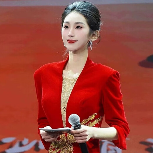 Li Baixin host evening dress 2025 new red dignified and atmospheric national style annual meeting art test temperament performance clothing women's long style red S recommended 80-90 Jin Jin equals 0.5 kg