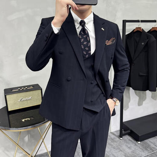 Jason men's double-breasted striped suit suit groom wedding dress business casual work interview suit three-piece suit dark brown (suit + pants) M (95-110Jin Jin equals 0.5 kg)