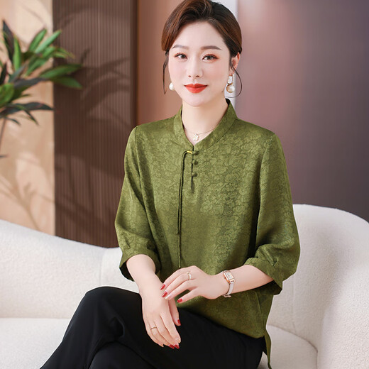 ROAR UTHAUG新中式妈妈上衣洋气小衫2025夏季新款中老年国风气质宽松T恤女 9902绿色 XL 建议90-110斤