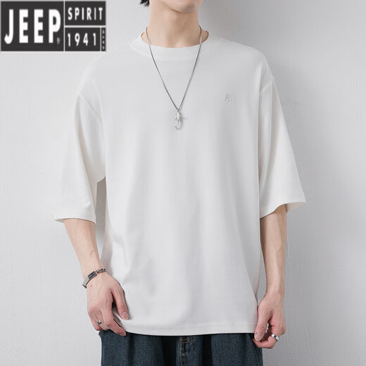
JEEP SPIRIT 7-quarter sleeve men's short-sleeved T-shirt 2025 summer new round neck loose fit embroidered mid-sleeved trendy brand ins half-sleeved QD659 white XL