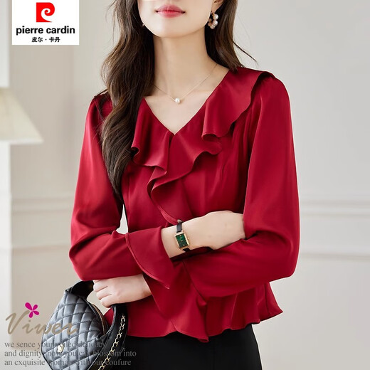 Pierre Cardin ruffled chiffon shirt women's long-sleeved spring and autumn new v-neck waist top short shirt belly-covering shirt red M
