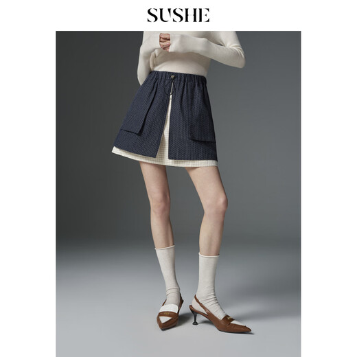 SUSHE Xunting retro movie-like cotton and linen stitching contrasting plaid jacket A-line skirt suit for women spring Qingming blue-skirt M