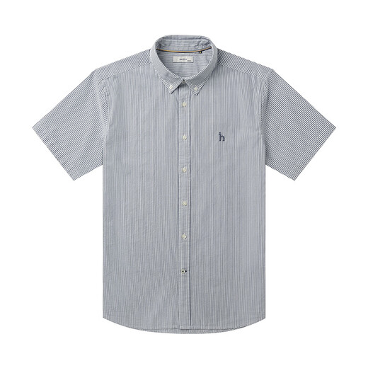 HAZZYS Men's Summer Men's Shirt Classic Striped Seersucker Short-Sleeved Shirt Men's ATCZK1CBK51 Navy Blue NV L (175/96A 48)