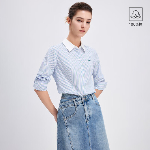 Navigare Italian small sailboat contrast collar shirt for women in spring and autumn versatile striped shirt commuting slimming shirt top white with blue pattern M