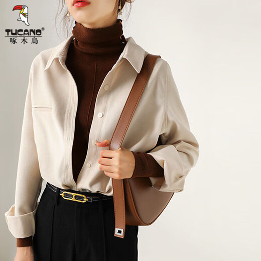 Woodpecker thickened brushed layered long-sleeved shirt women's autumn and winter retro pure cotton shirt versatile commuting professional top 8510 coffee color S